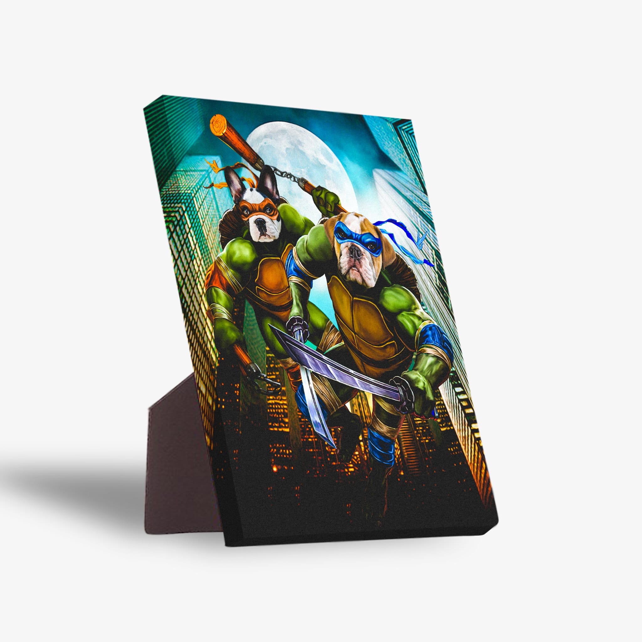 Personalized 'Teenage Mutant Ninja Doggos' standing canvas featuring two pets as ninja turtles with city backdrop.