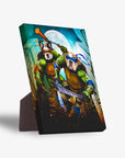 Personalized 'Teenage Mutant Ninja Doggos' standing canvas featuring two pets as ninja turtles with city backdrop.