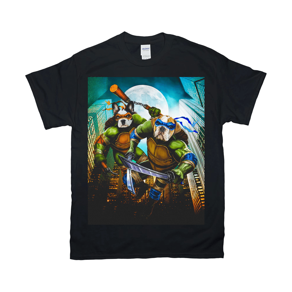 Black Gildan t-shirt with a "Teenage Mutant Ninja Doggos" design featuring two bulldogs as ninjas.