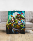 Personalized 3-pet blanket with dogs as Teenage Mutant Ninja Turtles in a city scene.