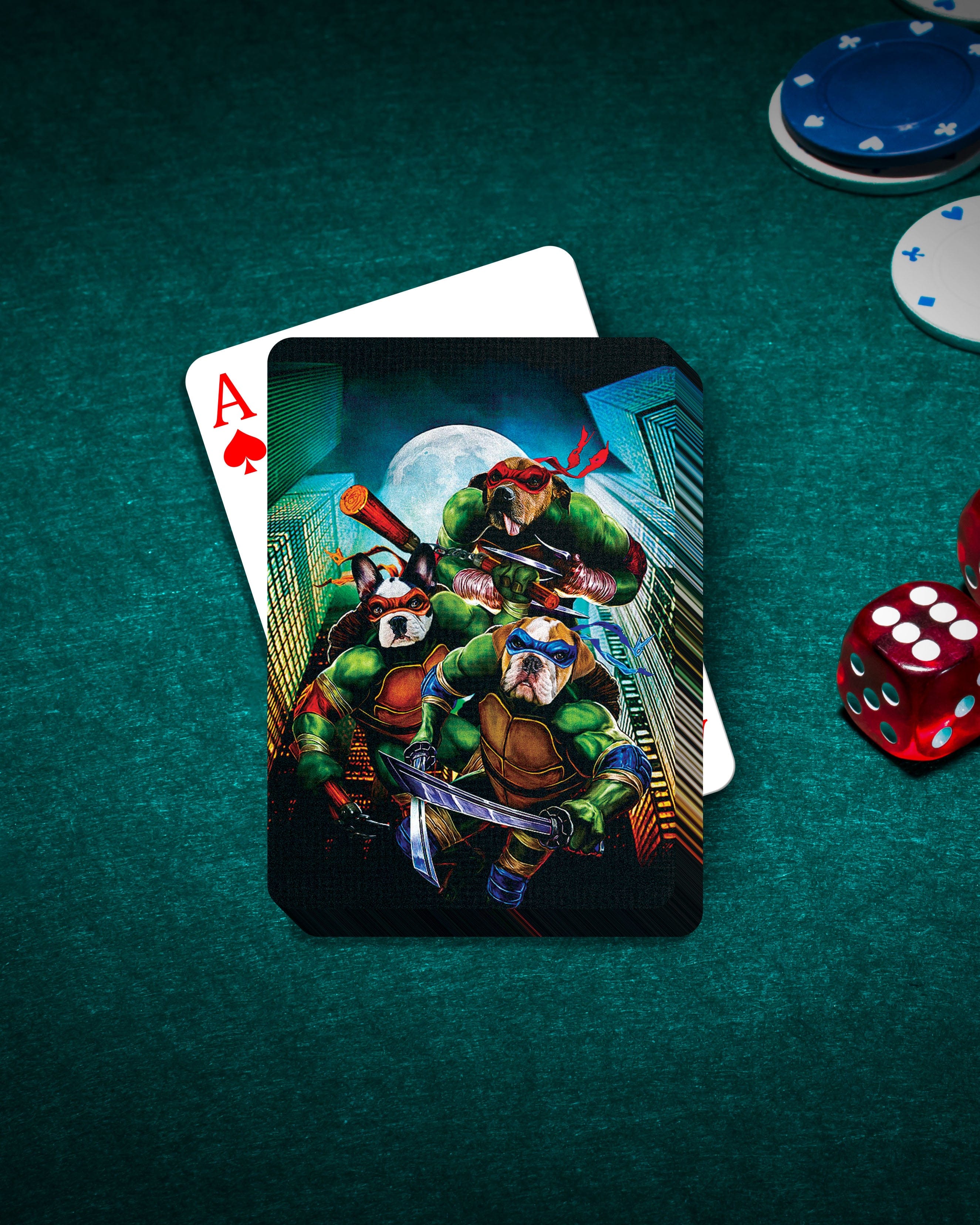 Custom Teenage Mutant Ninja Doggos playing cards featuring three personalized pet portraits.