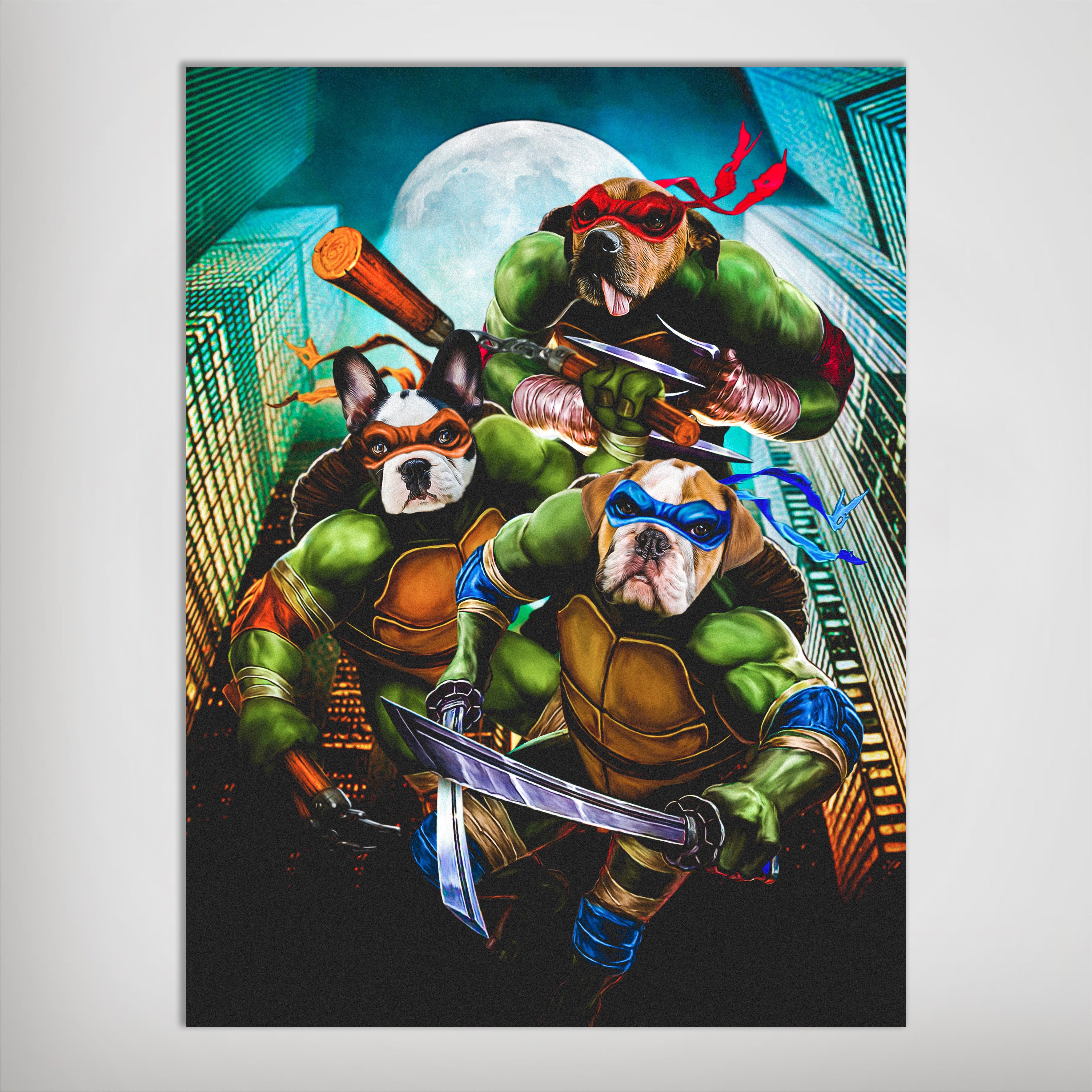 Personalized 'Teenage Mutant Ninja Doggos' poster featuring three pets as ninjas with weapons, city skyline, and full moon.