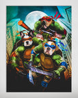 Personalized 'Teenage Mutant Ninja Doggos' poster featuring three pets as ninjas with weapons, city skyline, and full moon.