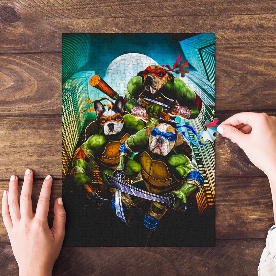 Personalized 3-pet puzzle featuring dogs as Teenage Mutant Ninja Turtles, on a wooden table.