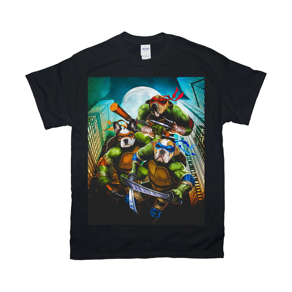 Black Gildan t-shirt with "Teenage Mutant Ninja Doggos" personalized 3-pet design, featuring dogs as ninjas.