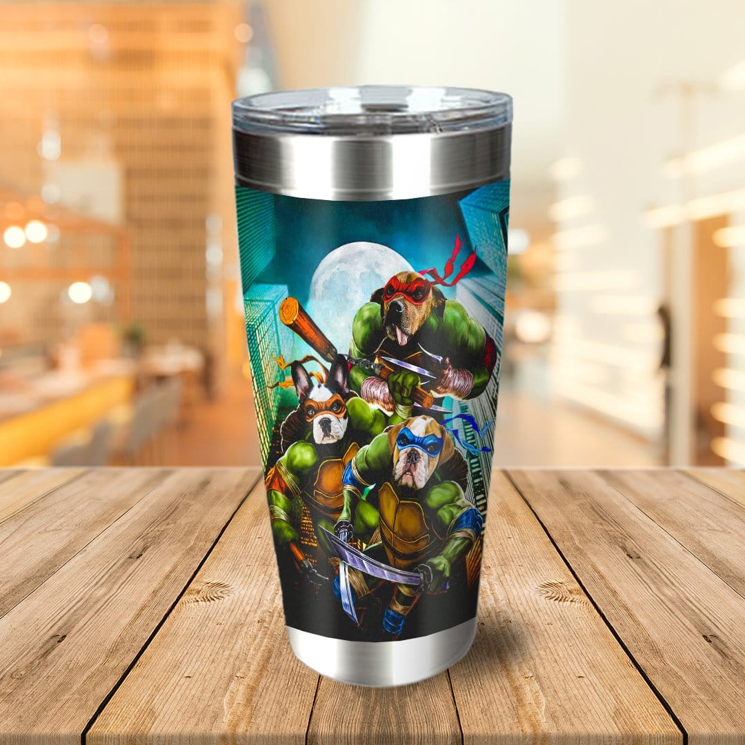 Personalized stainless steel tumbler with 3 dogs as Teenage Mutant Ninja Turtles.