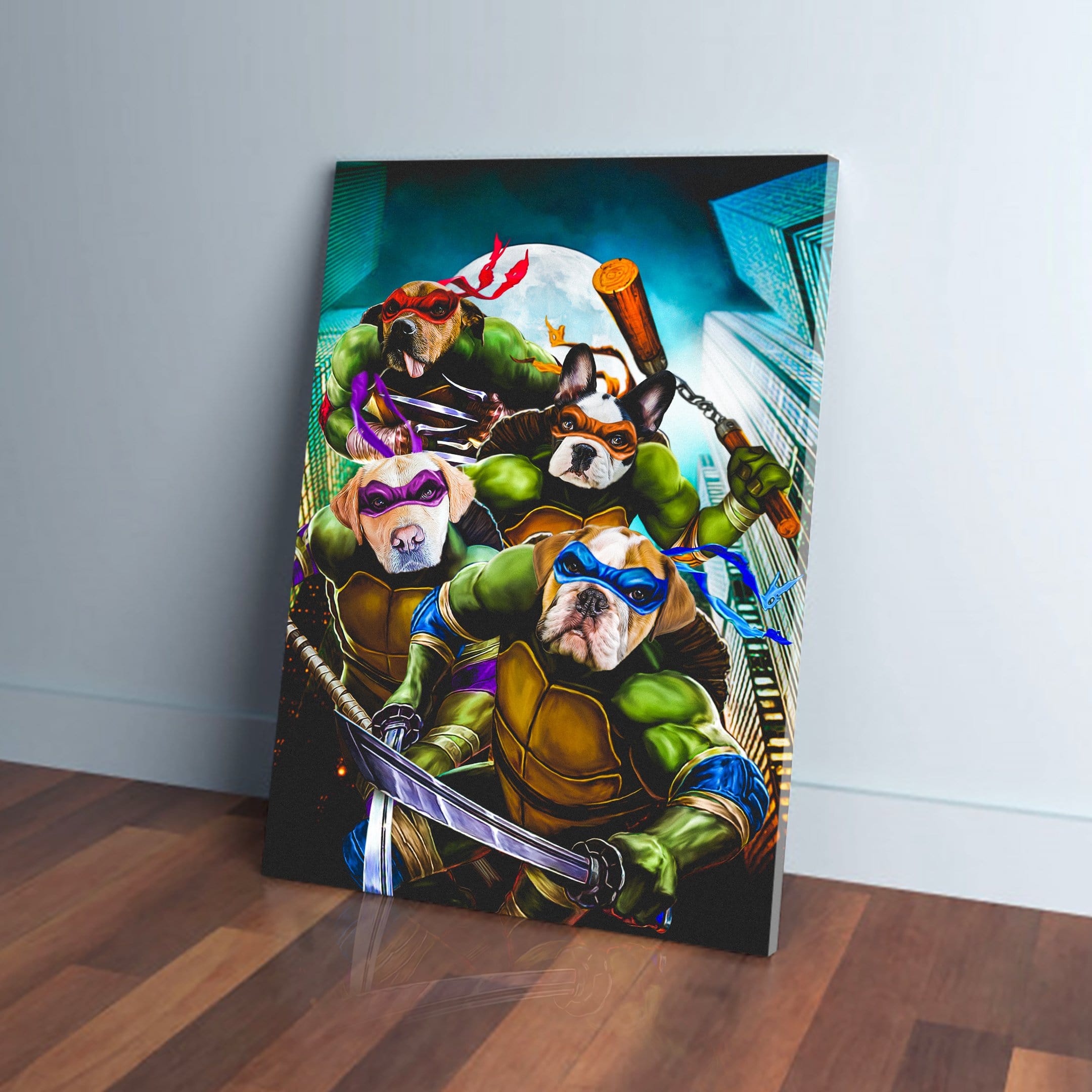 Personalized "Teenage Mutant Ninja Doggos" canvas featuring four dogs as turtles with weapons, against a city skyline.