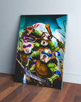 Personalized "Teenage Mutant Ninja Doggos" canvas featuring four dogs as turtles with weapons, against a city skyline.