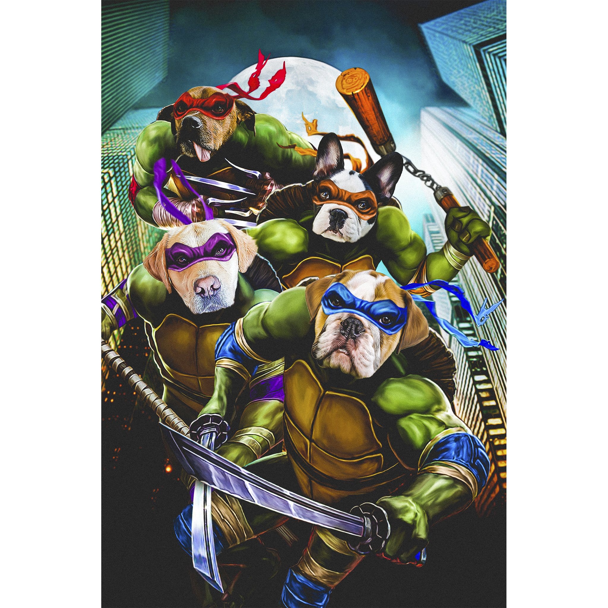 Custom 4-pet digital portrait of dogs as Teenage Mutant Ninja Turtles in a city scene.