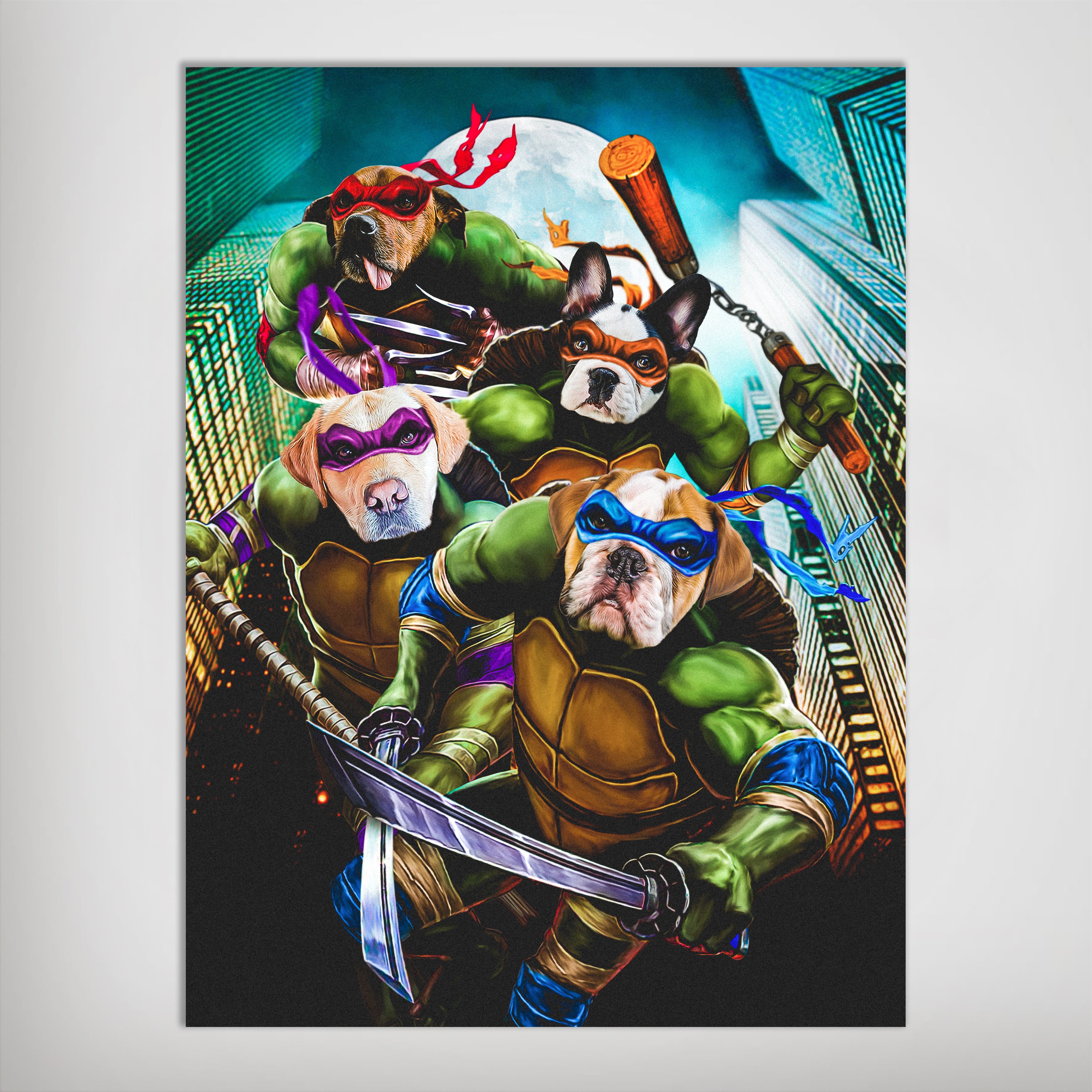 Personalized 'Teenage Mutant Ninja Doggos' poster featuring four pets as ninja turtles in a city at night.