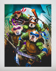Personalized 'Teenage Mutant Ninja Doggos' poster featuring four pets as ninja turtles in a city at night.