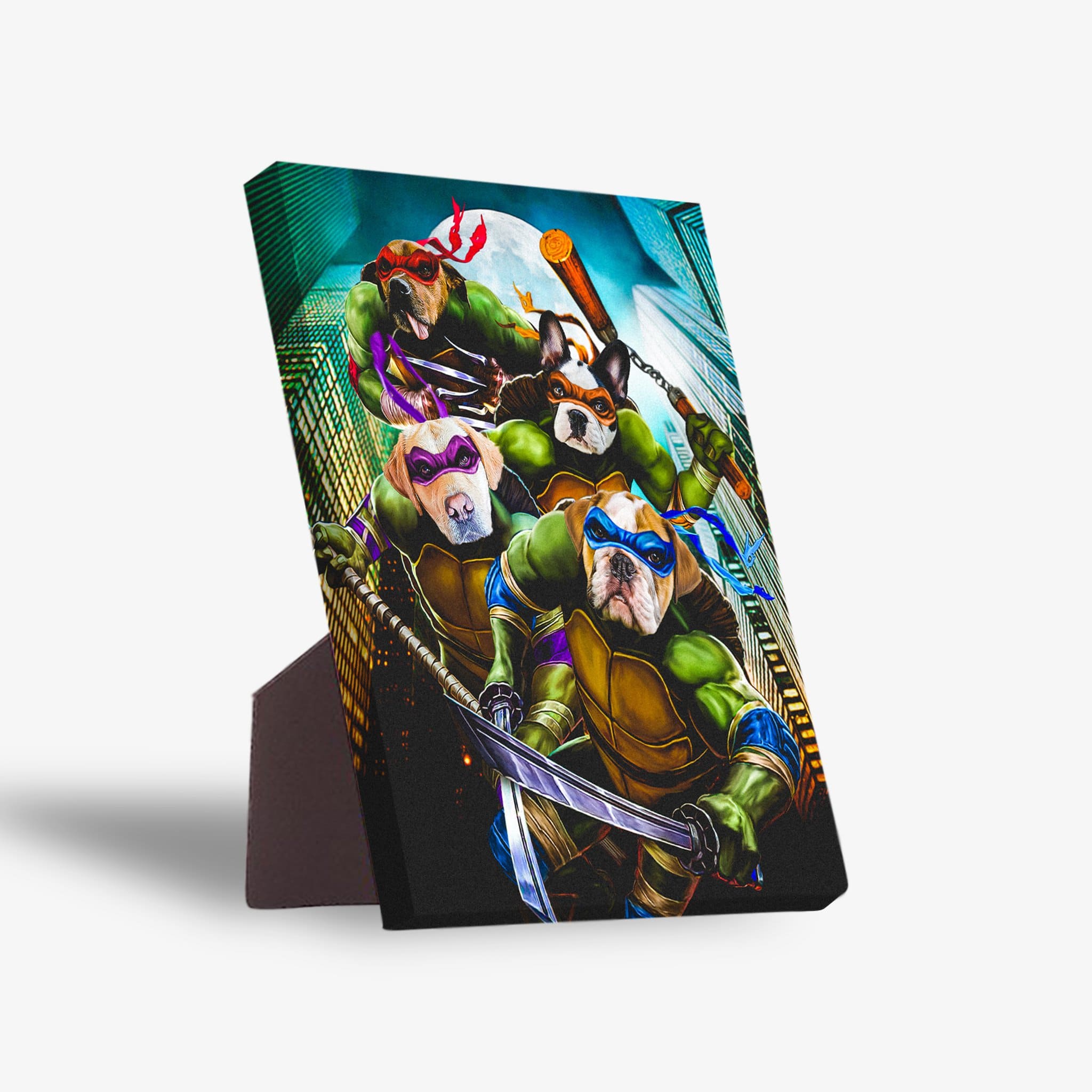 Personalized "Teenage Mutant Ninja Doggos" canvas featuring four pets as turtles with weapons, city backdrop, and a stand.