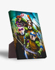 Personalized "Teenage Mutant Ninja Doggos" canvas featuring four pets as turtles with weapons, city backdrop, and a stand.