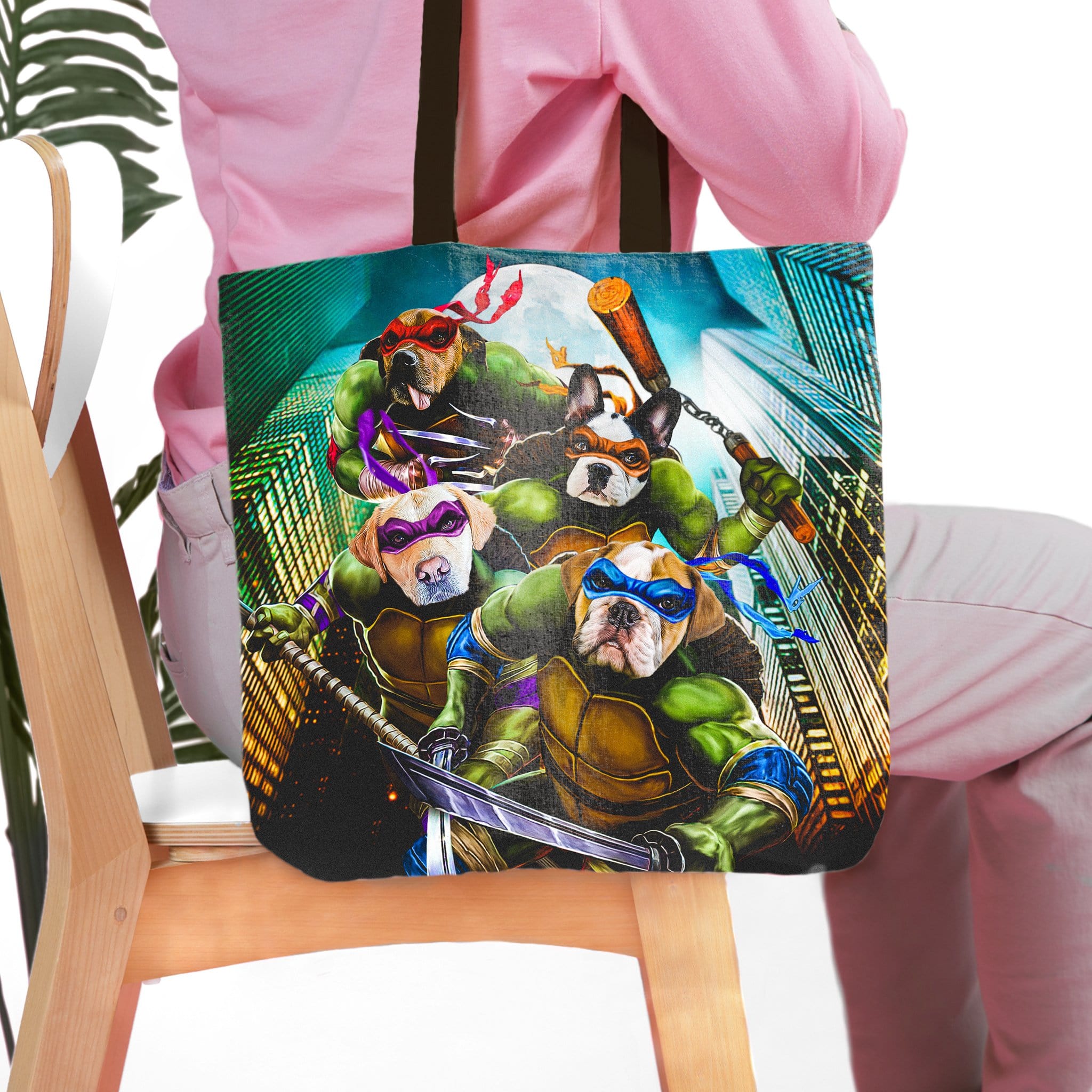 Personalized 4-pet tote bag featuring dogs as Teenage Mutant Ninja Turtles.
