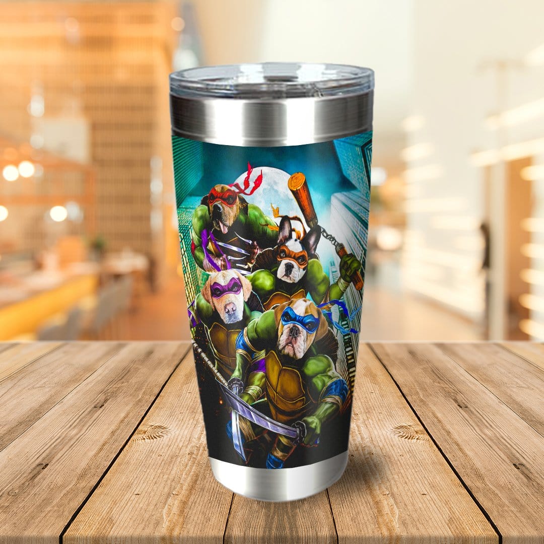Personalized stainless steel tumbler with four dogs as Teenage Mutant Ninja Turtles.