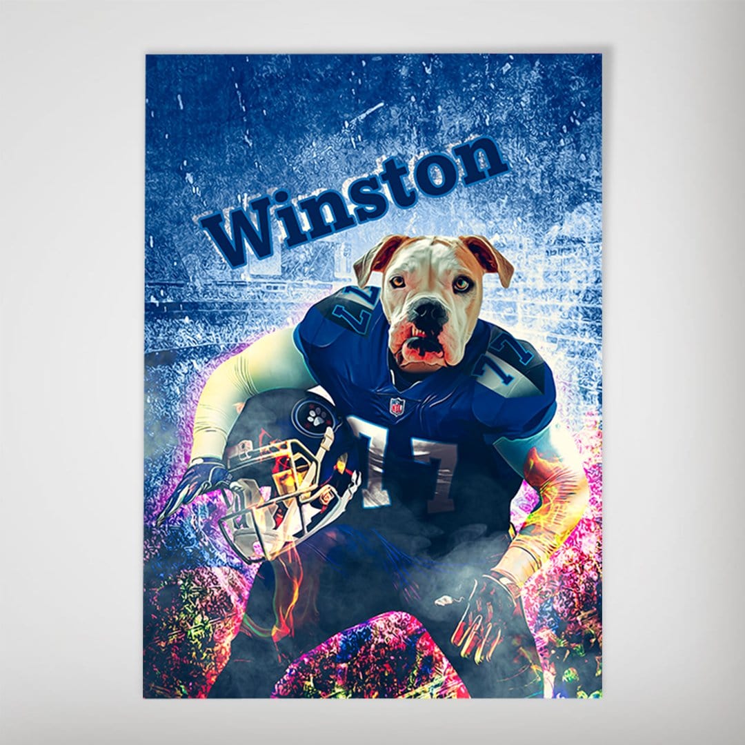 Personalized 'Tennesee Doggos' poster featuring a bulldog in a blue football uniform with "Winston" above.