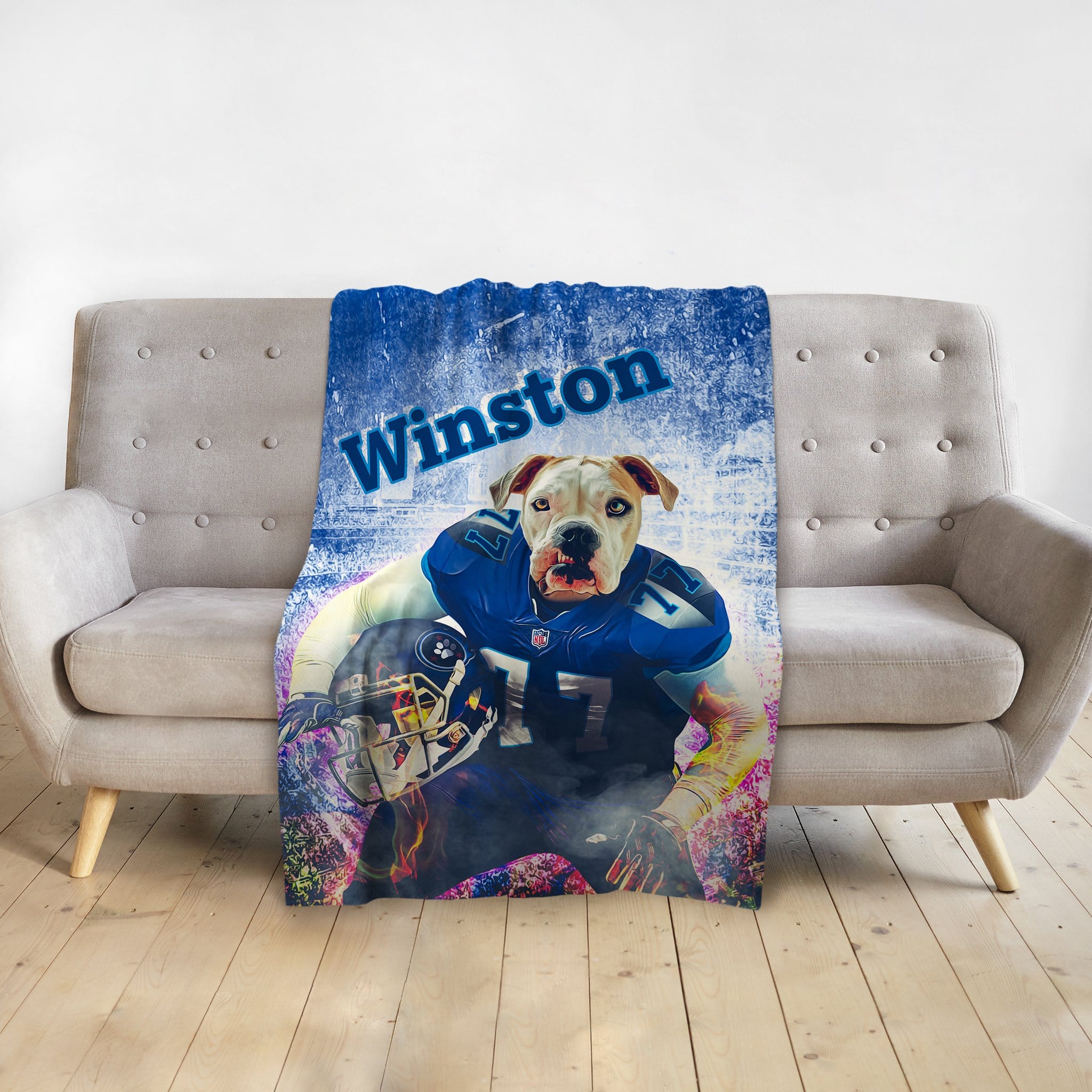 Personalized pet portrait blanket featuring a bulldog in a blue football uniform, named Winston.