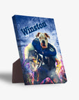 Personalized pet standing canvas featuring a bulldog's head on a football player's body, with "Winston" text.