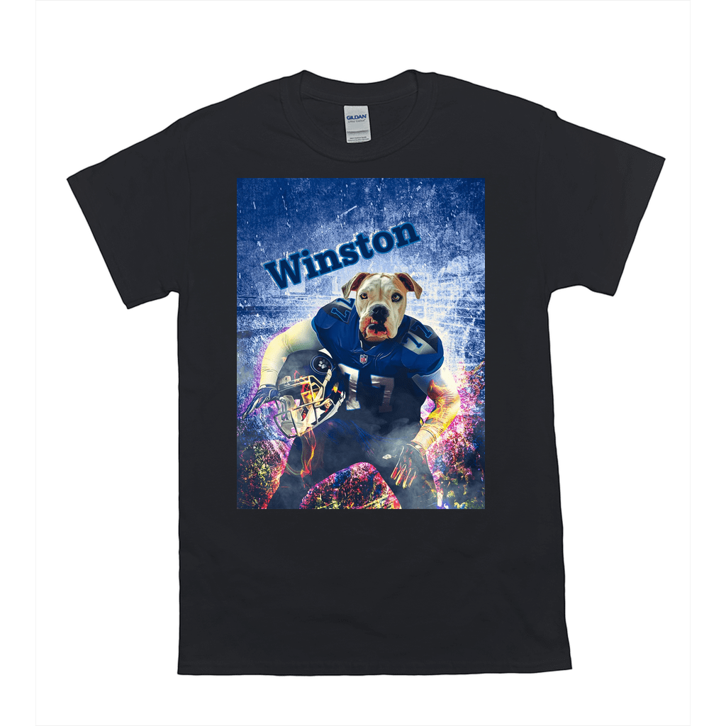 Black Gildan t-shirt featuring a personalized graphic of a bulldog in a blue football uniform with "Winston" above.