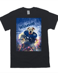 Black Gildan t-shirt featuring a personalized graphic of a bulldog in a blue football uniform with "Winston" above.