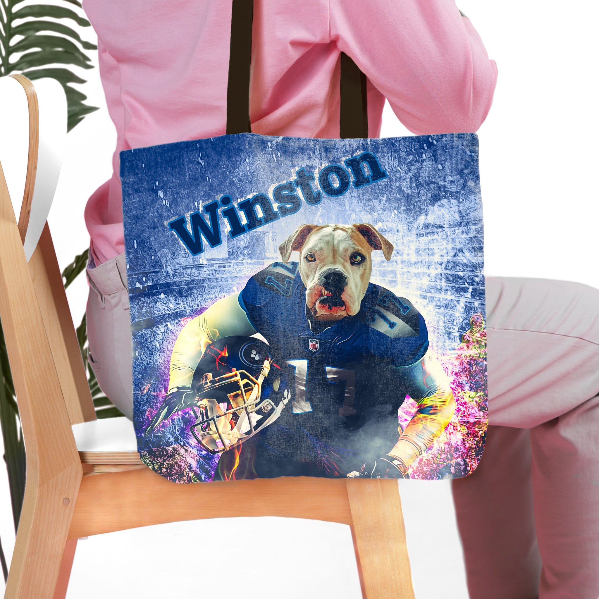 Personalized tote bag with a custom pet portrait of a bulldog in a football uniform, named Winston.