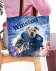 Personalized tote bag with a custom pet portrait of a bulldog in a football uniform, named Winston.