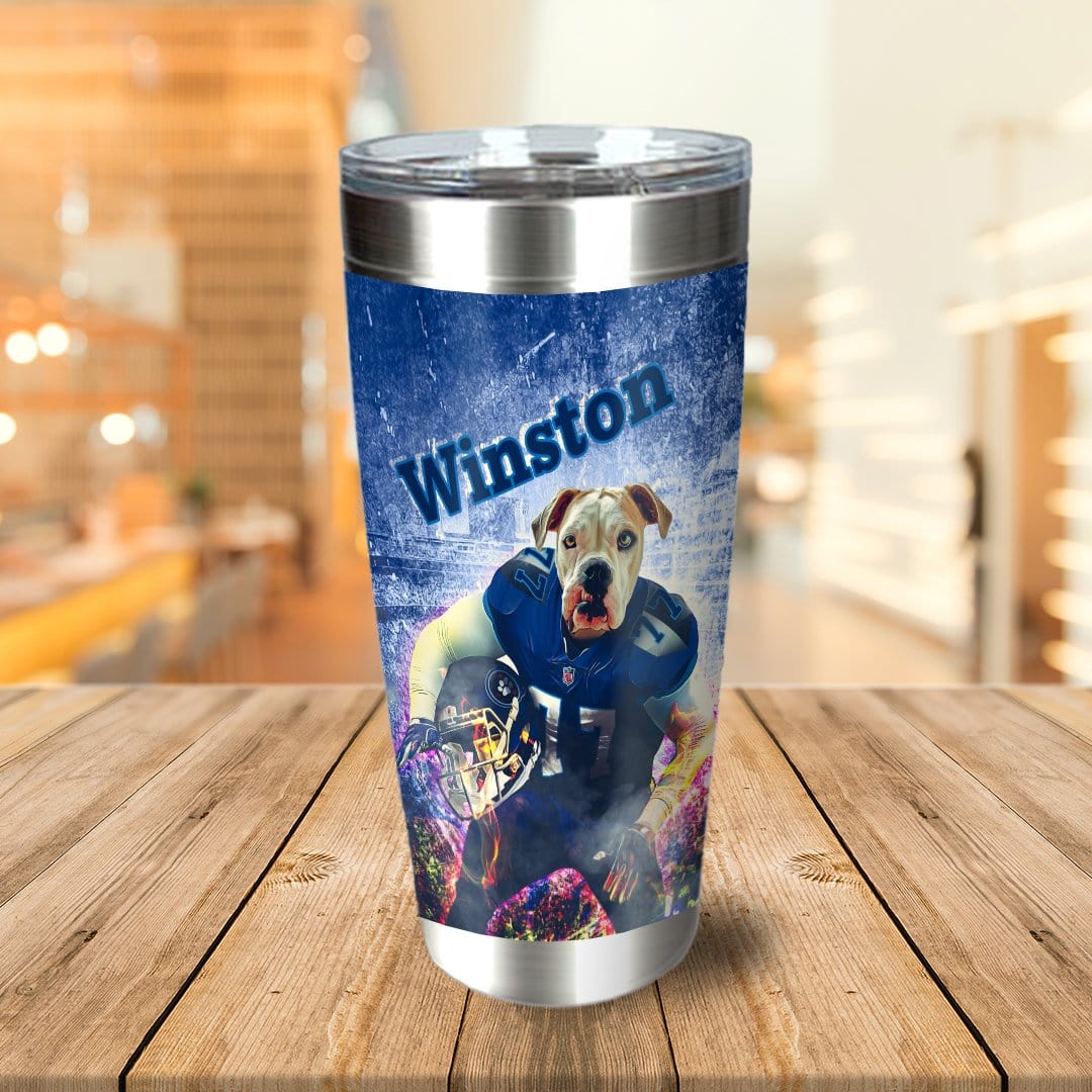 Personalized stainless steel tumbler with a custom dog portrait in a football uniform, featuring the name "Winston".