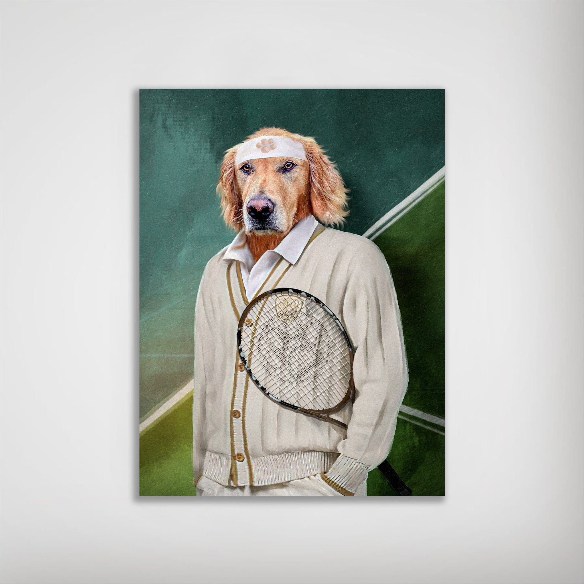 Personalized dog poster featuring a golden retriever in a vintage tennis player outfit with a racket on a green court.