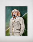 Personalized dog poster featuring a golden retriever in a vintage tennis player outfit with a racket on a green court.