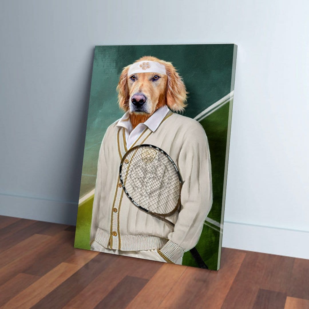 Custom Golden Retriever pet canvas as a tennis player in a cream sweater, holding a racket.