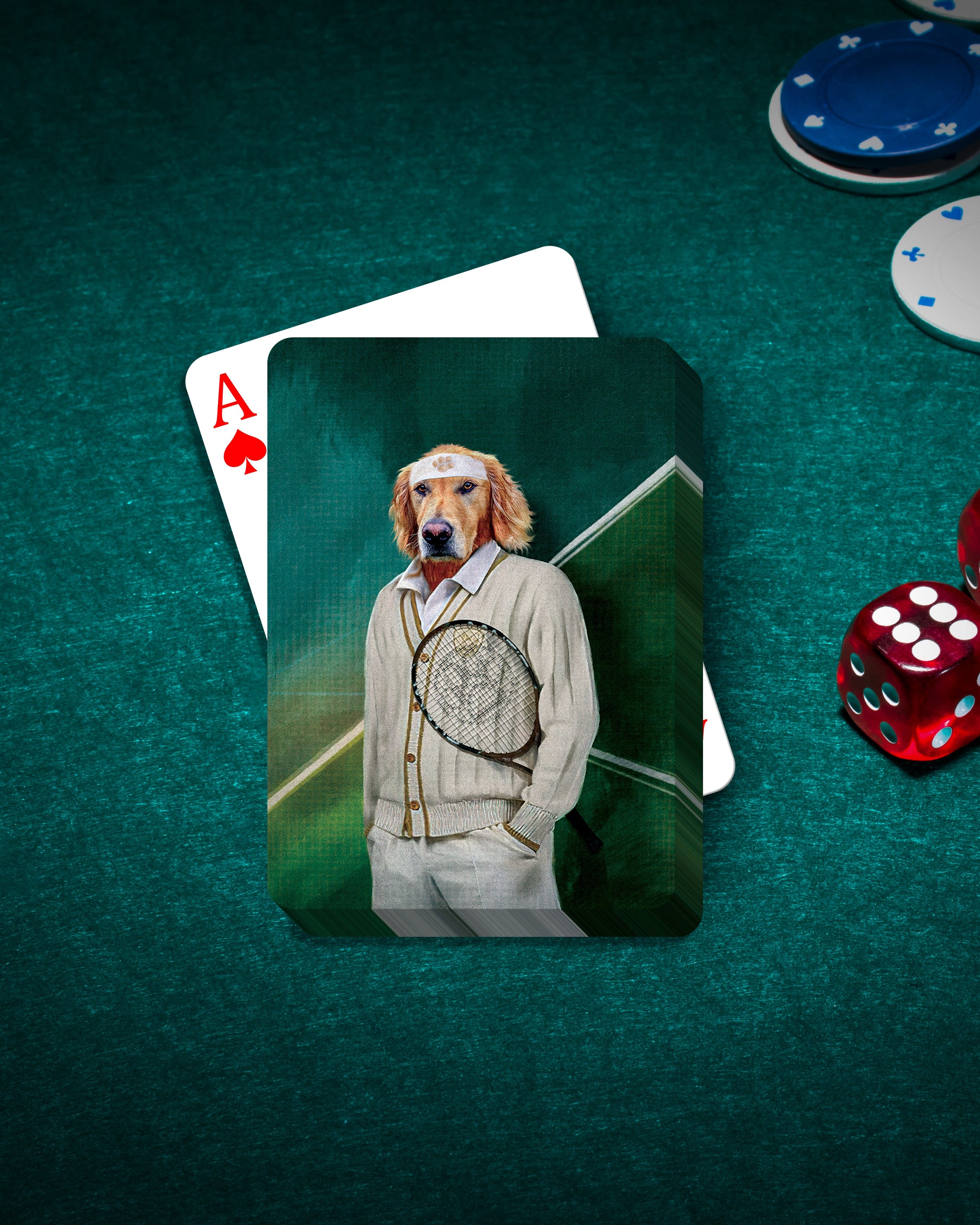 Personalized playing cards featuring a Golden Retriever dog in a tennis player portrait.