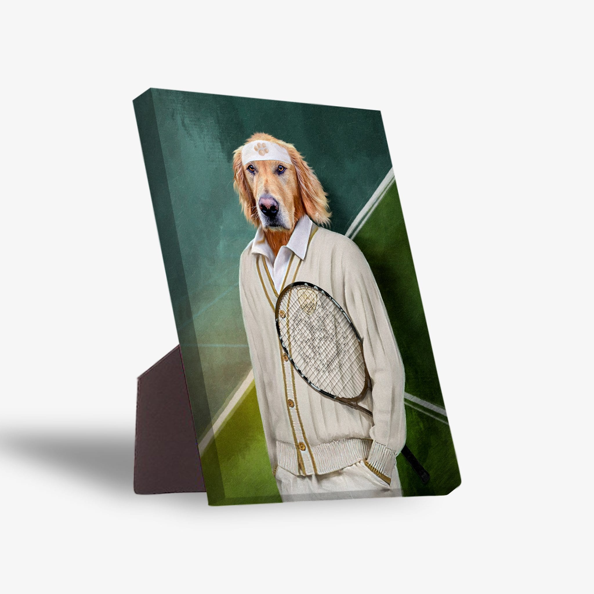 Golden Retriever pet portrait on a standing canvas, dressed as a tennis player in a cream cardigan, holding a racket.