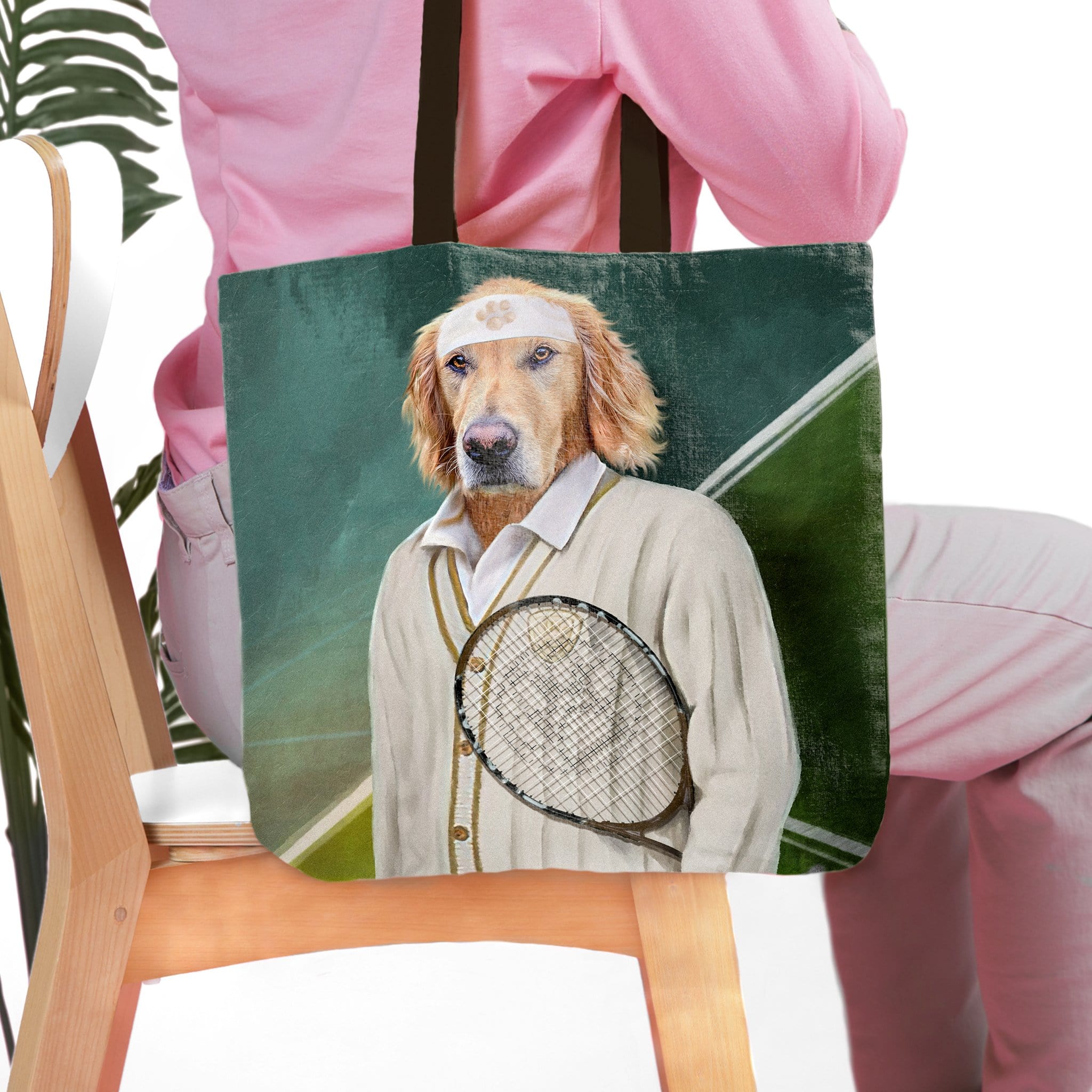 Personalized tote bag with a custom pet portrait of a Golden Retriever as a tennis player.