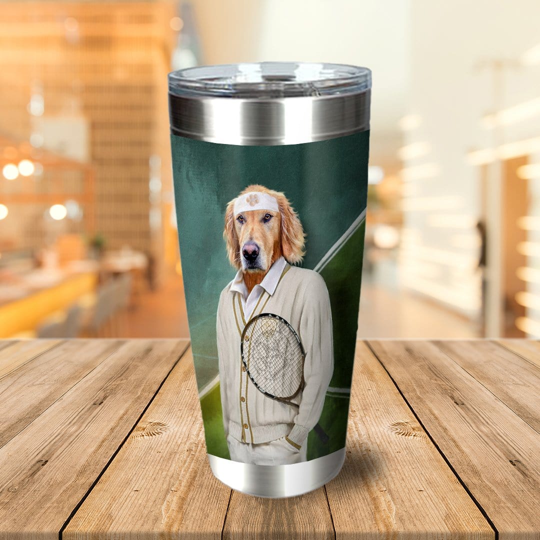 Personalized stainless steel tumbler with a golden retriever dog in a tennis player portrait.