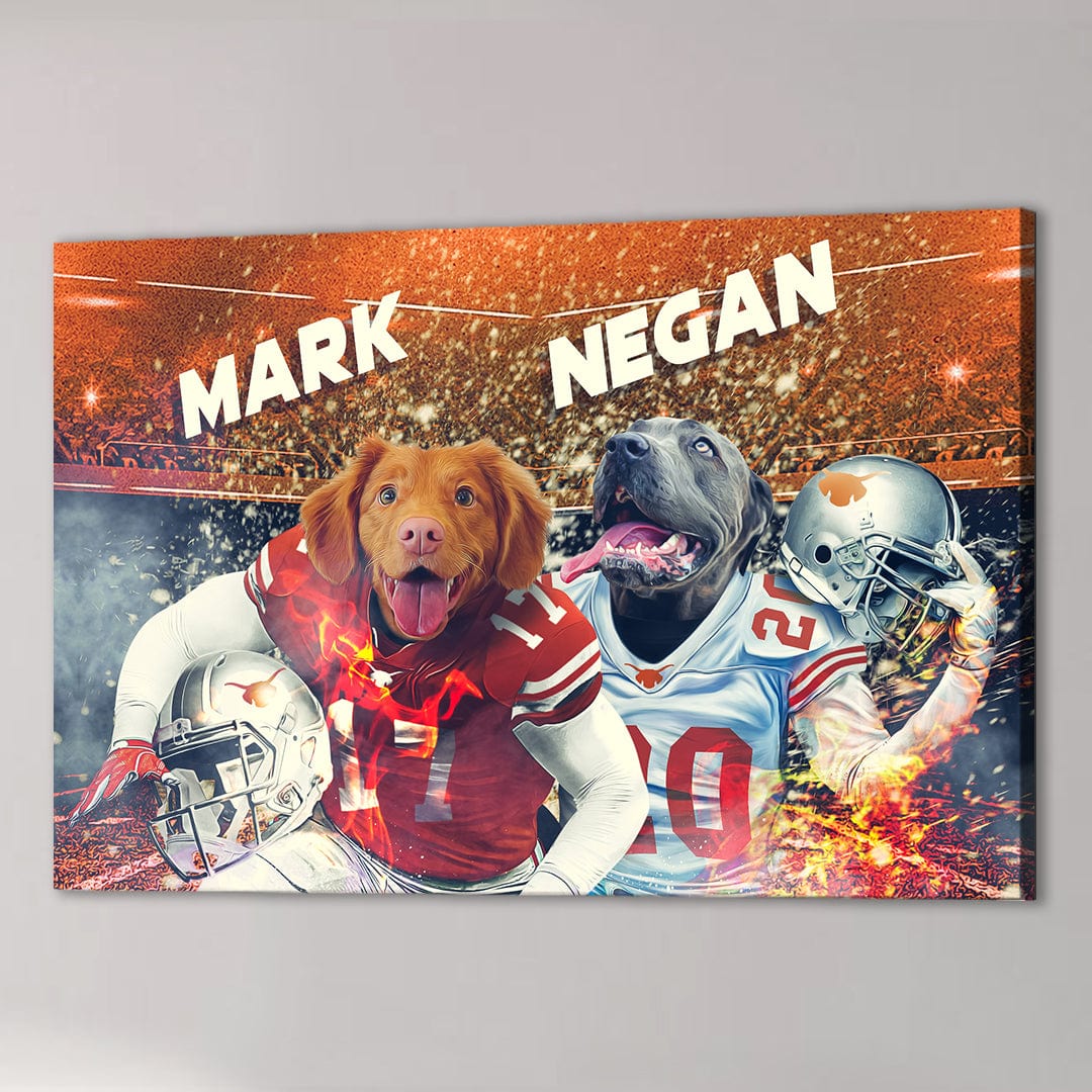 Personalized canvas with two dogs in football uniforms, "Mark" and "Negan" above them, on a fiery stadium background.