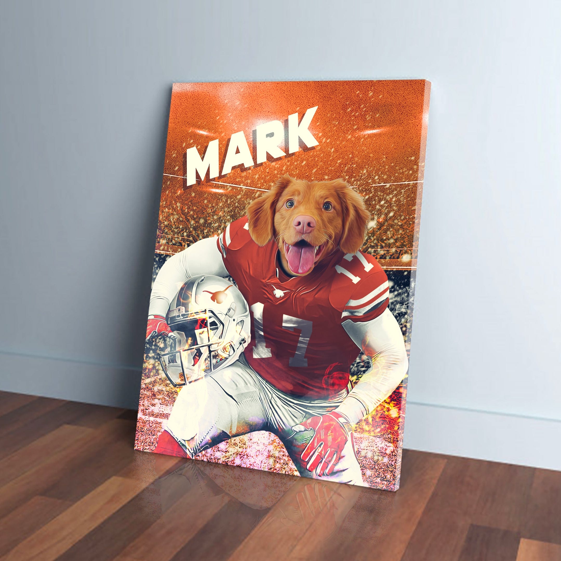 Personalized pet canvas featuring a dog in a red football uniform with "MARK" above.