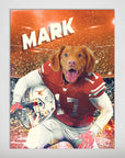 Personalized 'Texas Horn Doggos' pet poster featuring a dog in a red football uniform, holding a helmet.