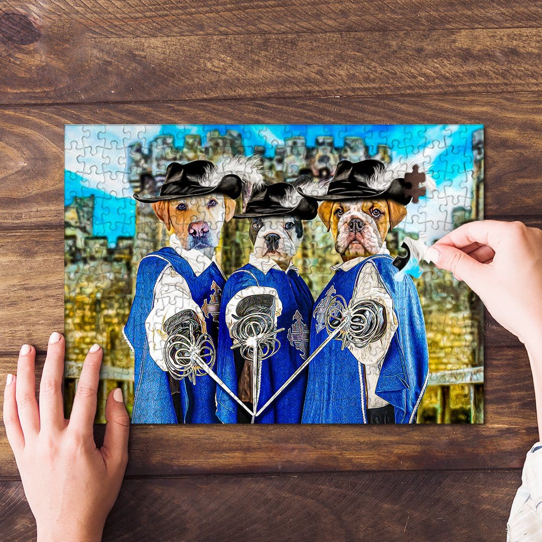Personalized 3 pet puzzle featuring dogs in "3 Musketeers" renaissance royal costumes.