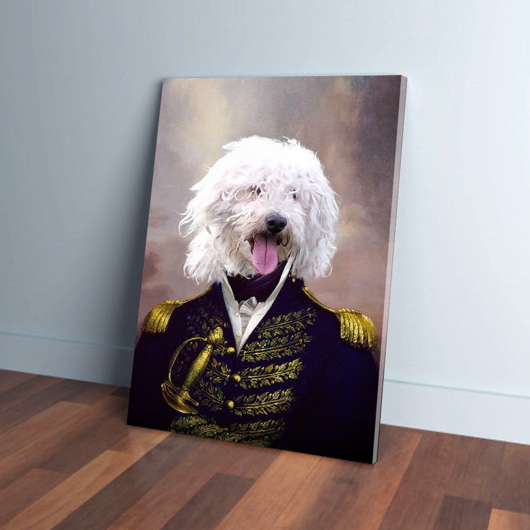 Personalized "The Admiral" pet canvas featuring a white fluffy dog in a navy and gold military uniform.