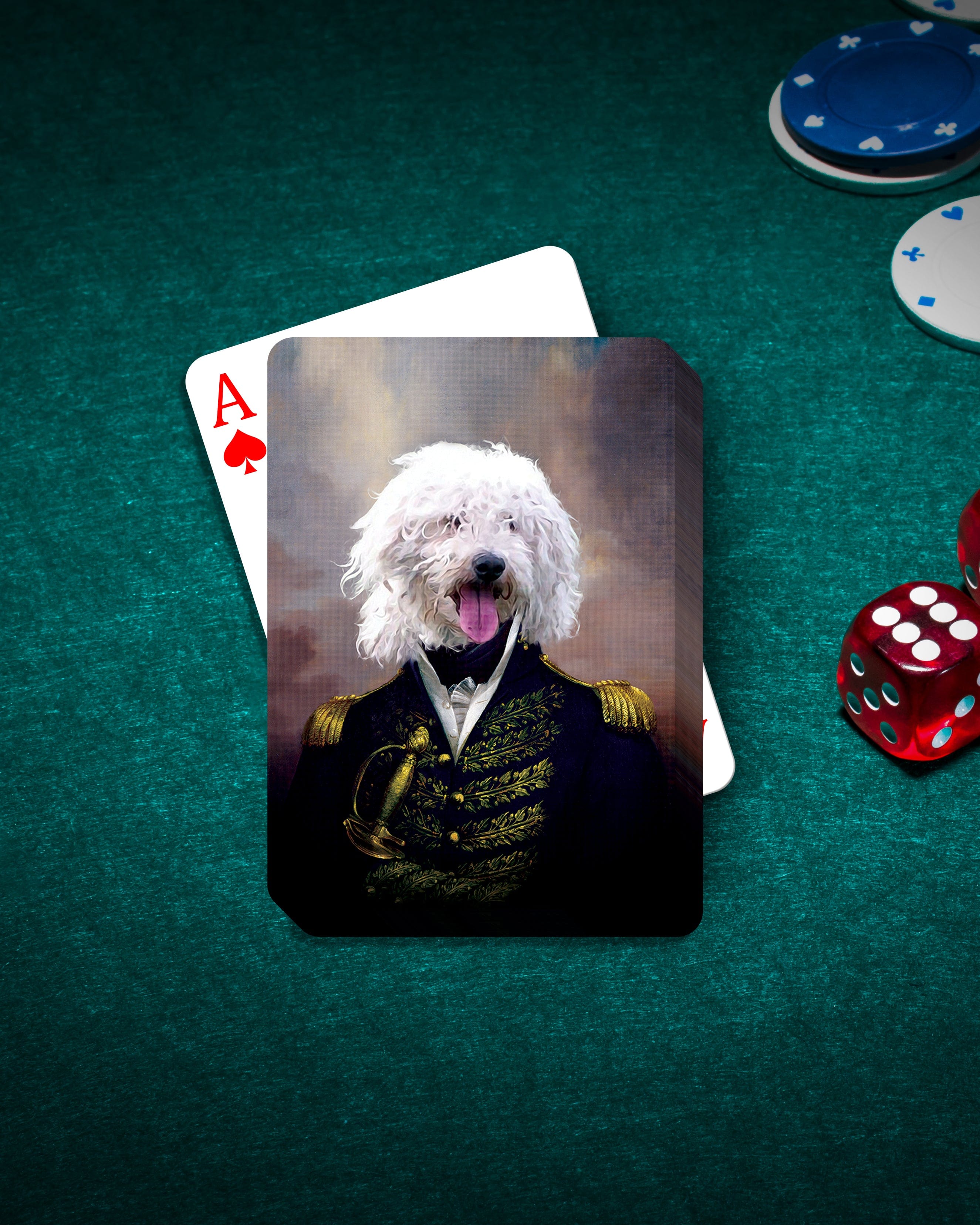 Personalized pet playing cards featuring a white dog in a Renaissance Admiral portrait on a green felt table.