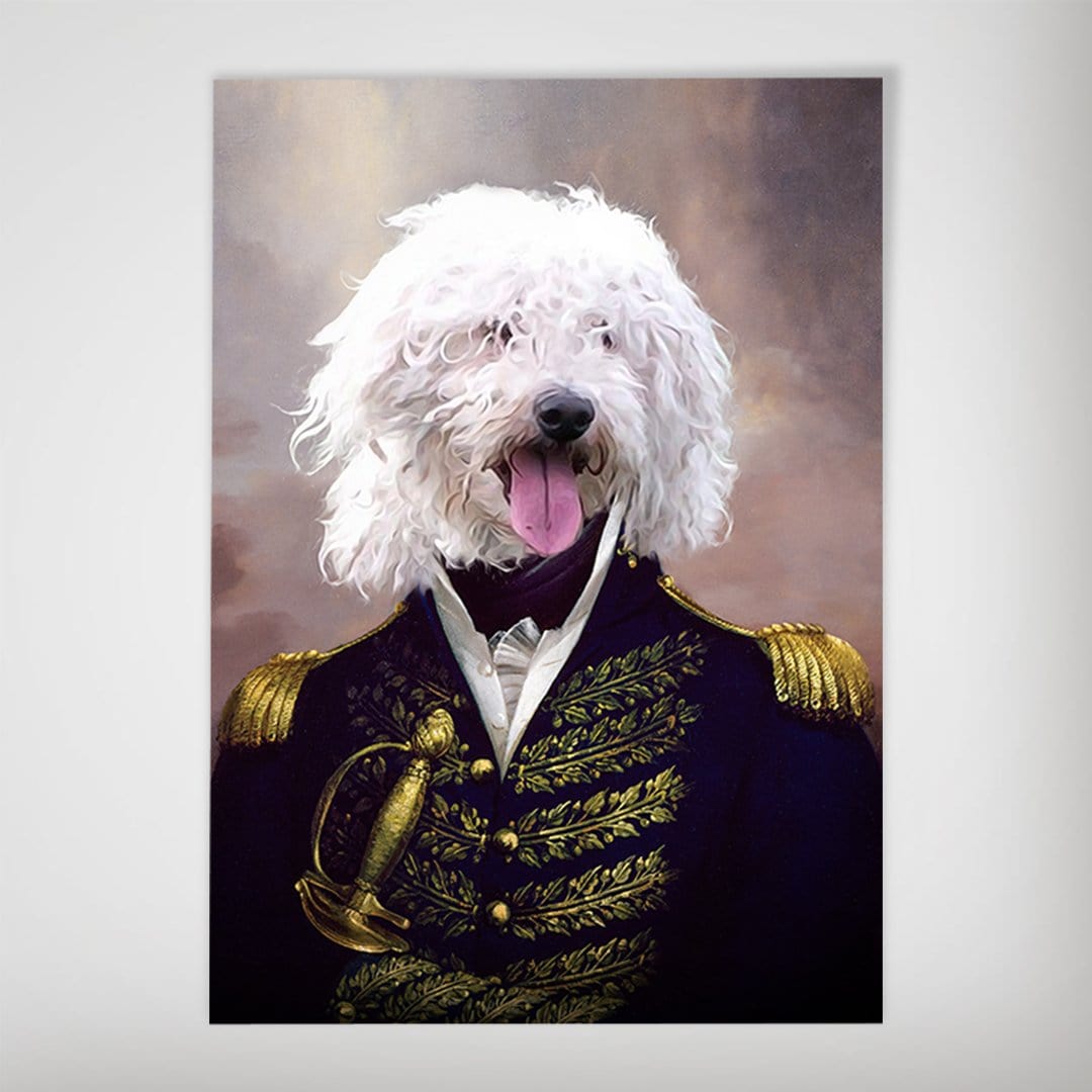 Personalized "The Admiral" pet poster featuring a white dog in a navy blue and gold military uniform.