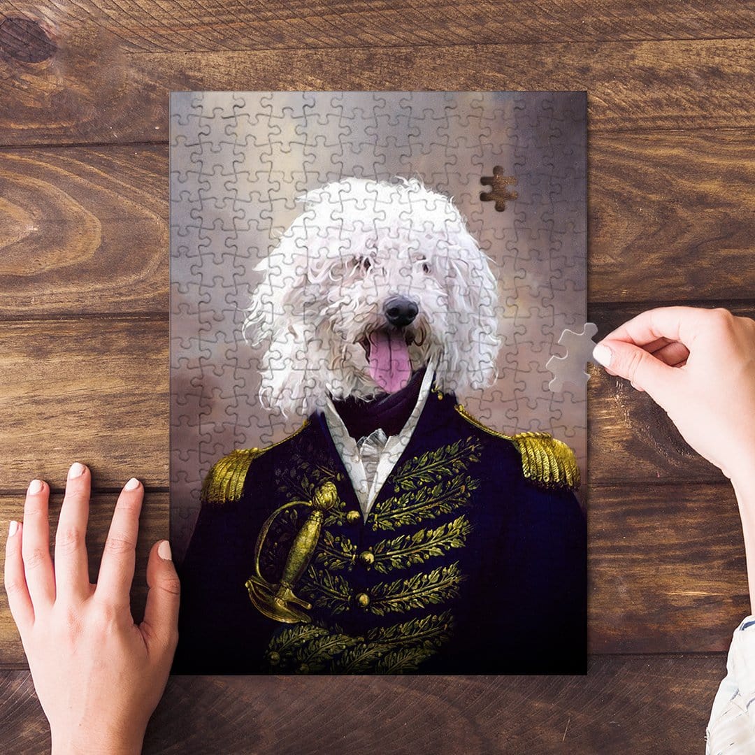 Personalized pet puzzle featuring a white dog in an Admiral's uniform, with hands assembling pieces.