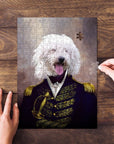 Personalized pet puzzle featuring a white dog in an Admiral's uniform, with hands assembling pieces.