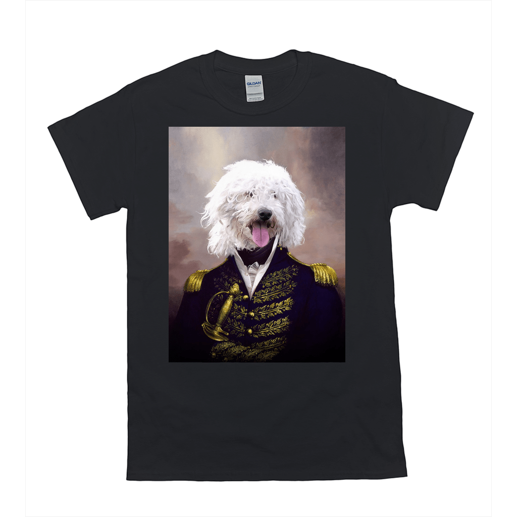 Black Gildan t-shirt featuring a white fluffy dog portrait in a blue admiral's uniform with gold trim.