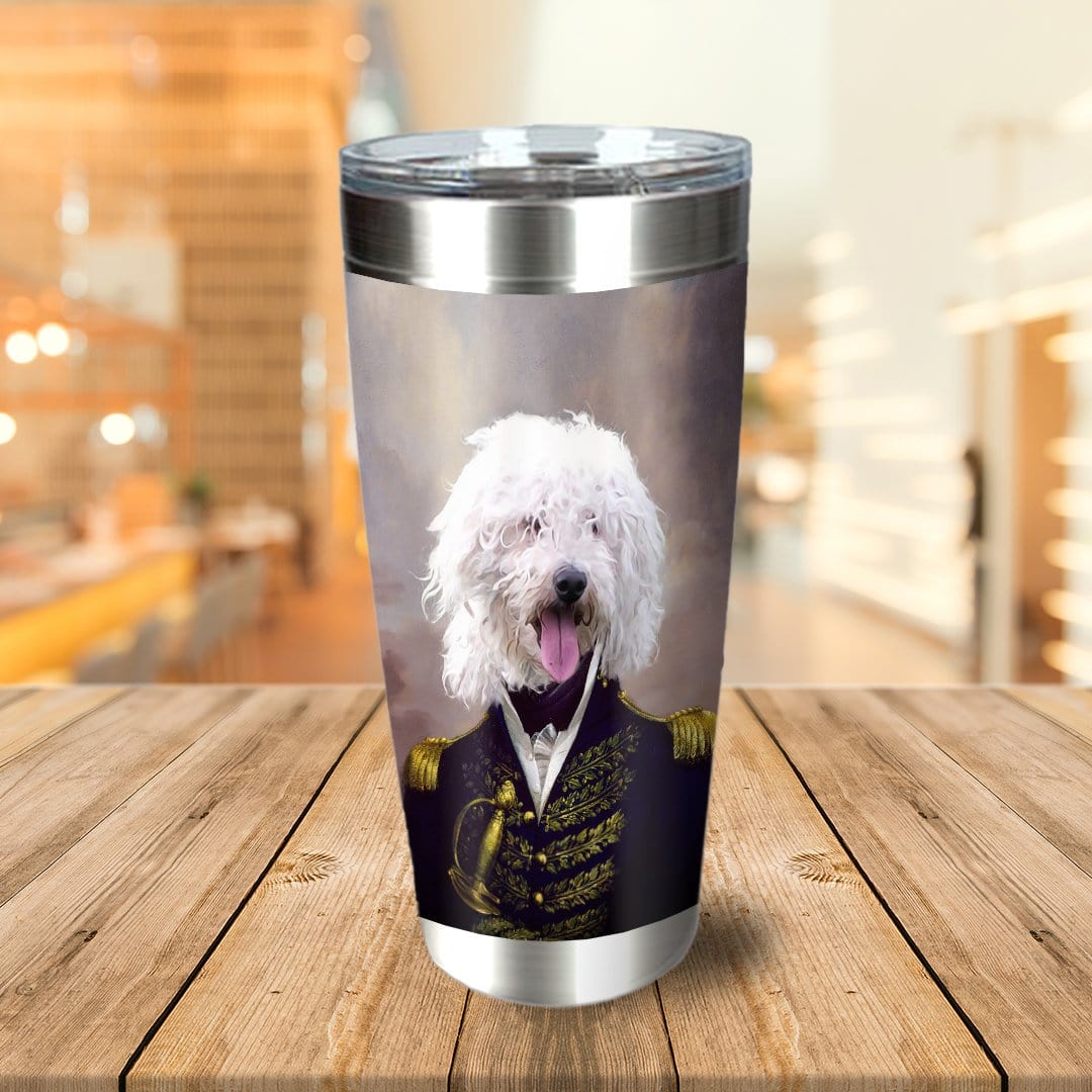 Personalized stainless steel tumbler with a custom royal portrait of a white fluffy dog in a navy admiral uniform.