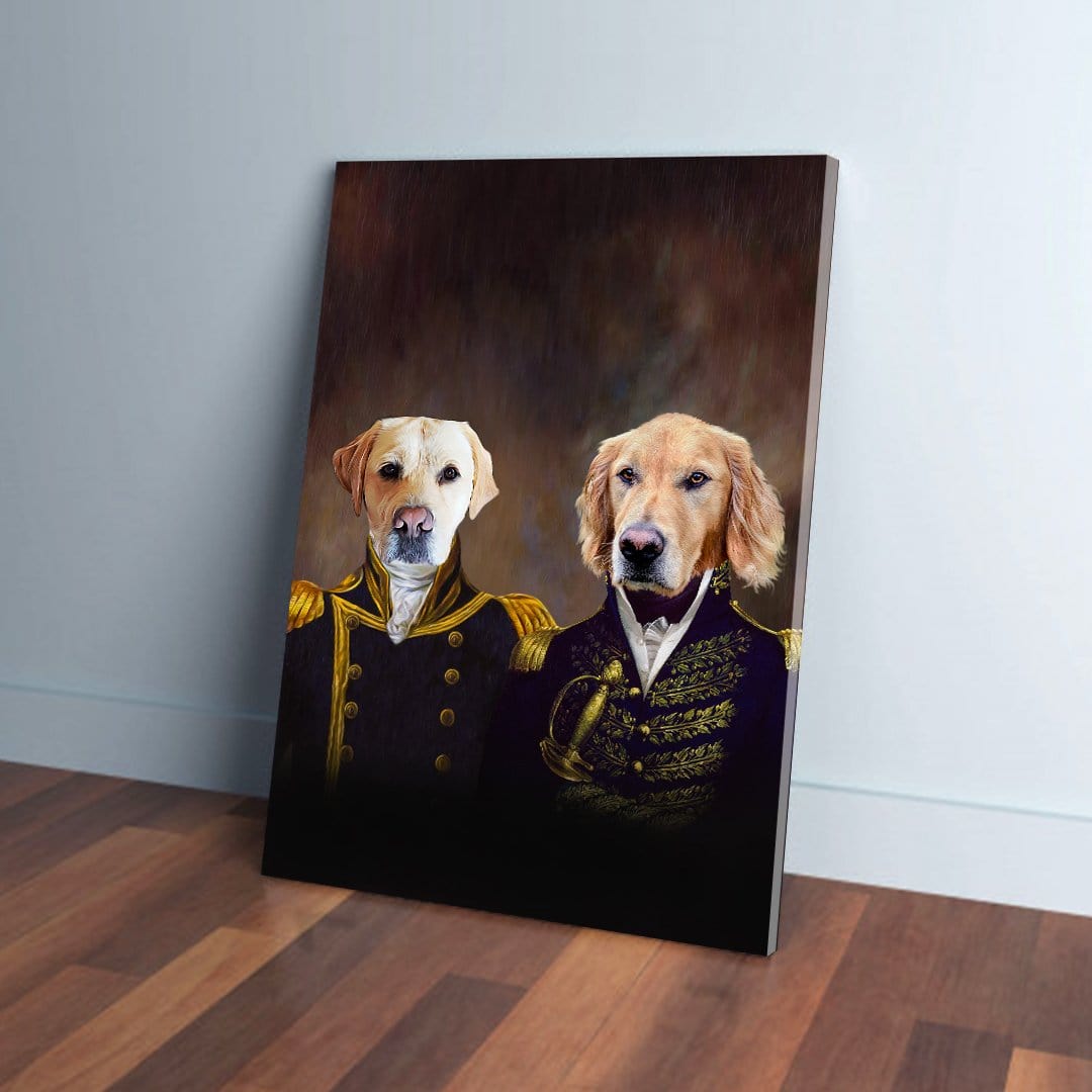Two dogs, a yellow lab and golden retriever, custom painted on canvas in admiral and captain uniforms.