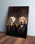 Two dogs, a yellow lab and golden retriever, custom painted on canvas in admiral and captain uniforms.