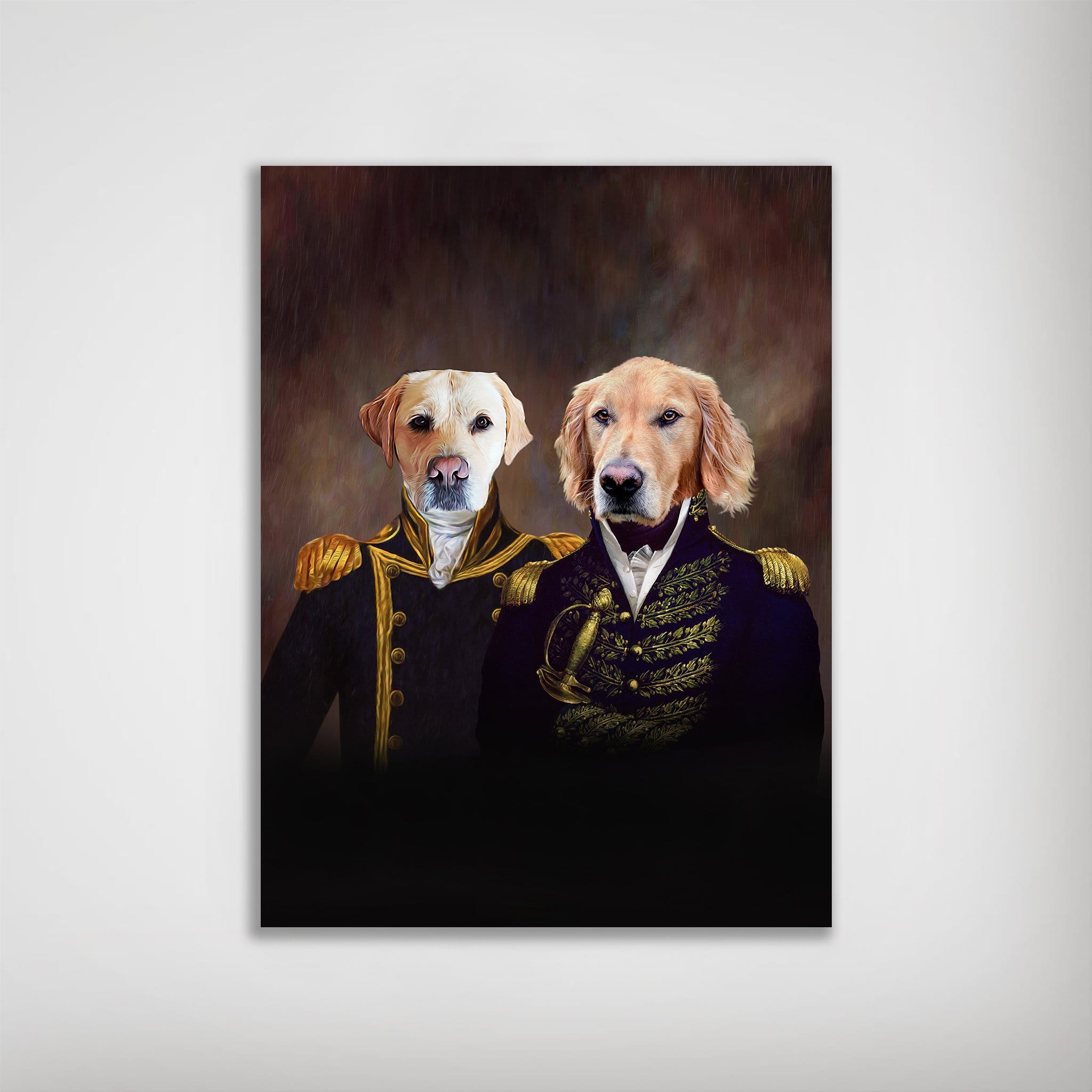 Two dogs, a yellow lab and a golden retriever, digitally portrayed as an admiral and a captain in ornate navy and purple uniforms on a matte poster.