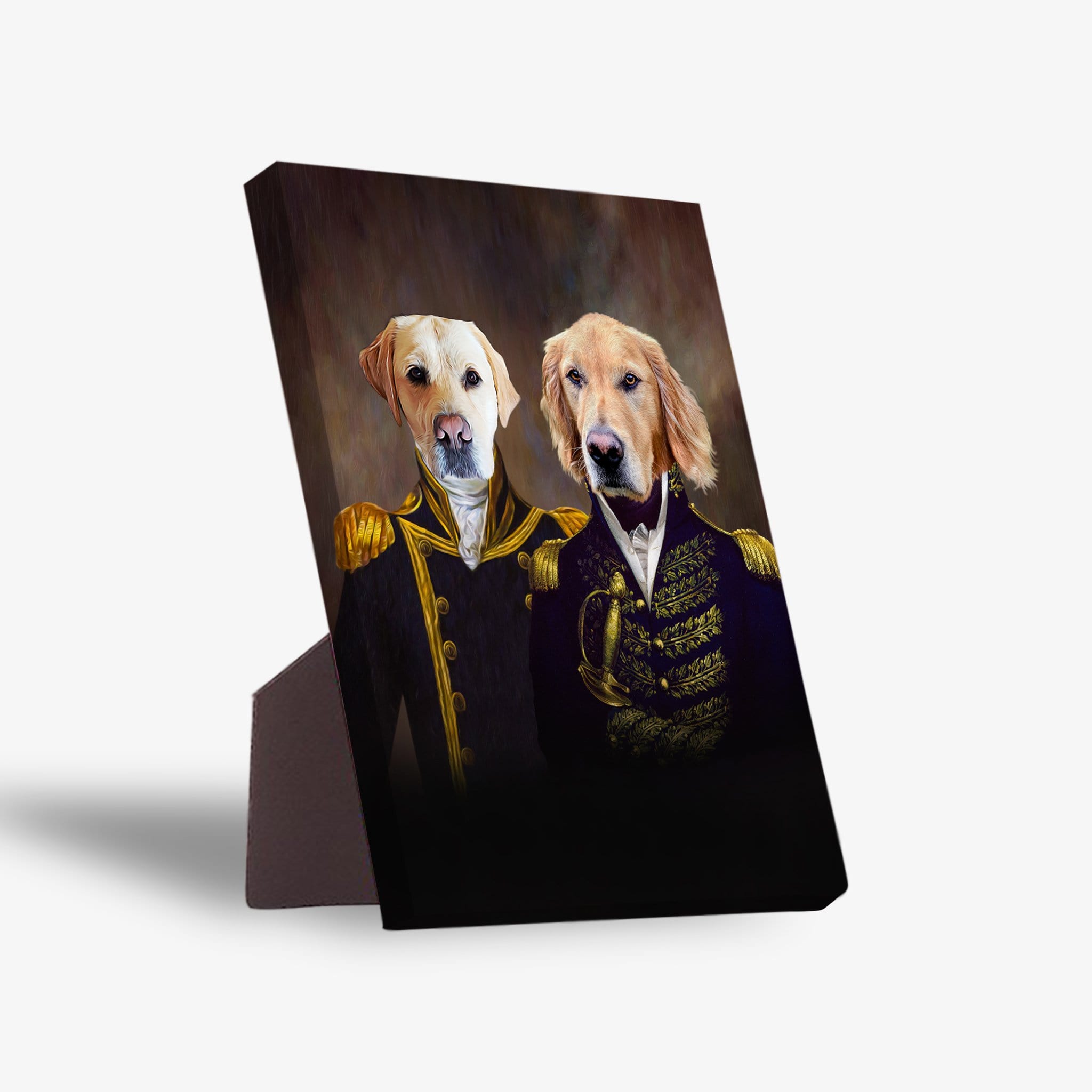 Custom pet portrait canvas featuring two dogs in Admiral and Captain uniforms, with a sturdy back stand.