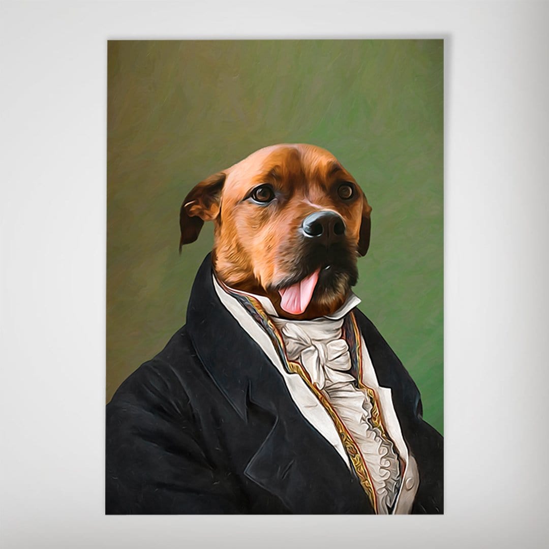 Custom dog portrait poster featuring a brown dog in a black suit with a ruffled white shirt, on a green background.